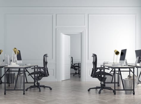 Modern luxury office interior with white walls, wooden floor, rows of computer tables and chairs. 3d rendering mock up
