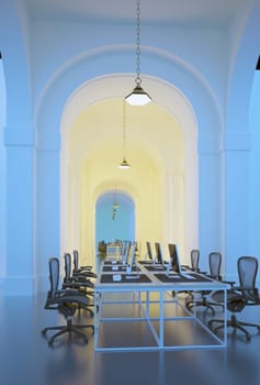 Interior of office with blue walls and arch. 3D rendering.