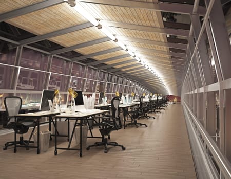 Interior of modern office hall with concrete floor, panoramic window and daylight. 3D Rendering