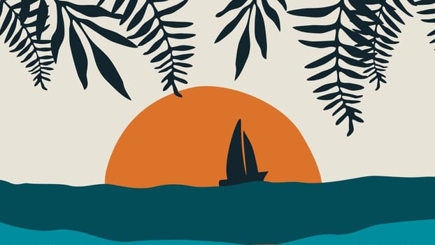Minimal land space illustration background. Sea view tree sun and birds. High quality photo