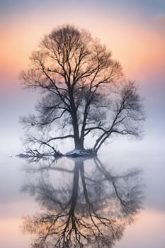 Silhouette of a tree at sunset in a beautiful landscape.Silhouette of a tree on the shore of the lake at sunset.Lonely tree on the beach at sunset. Nature composition.