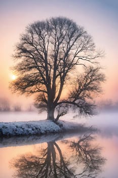 Silhouette of a tree at sunset in a beautiful landscape.Silhouette of a tree on the shore of the lake at sunset.Lonely tree on the beach at sunset. Nature composition.