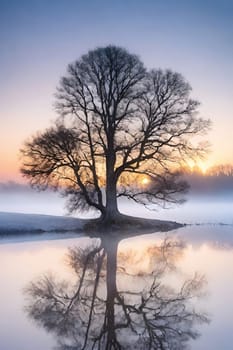 Silhouette of a tree at sunset in a beautiful landscape.Silhouette of a tree on the shore of the lake at sunset.Lonely tree on the beach at sunset. Nature composition.