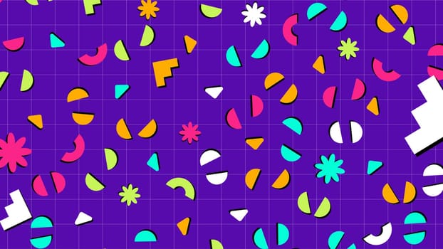 Seamless background with colorful flowers. Purple background with geometric items. High quality