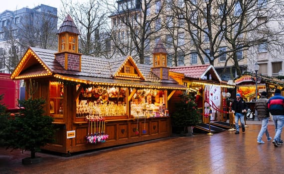 Christmas market in a central street of the city of Luxembourg. Concept Christmas and New Year atmosphere.