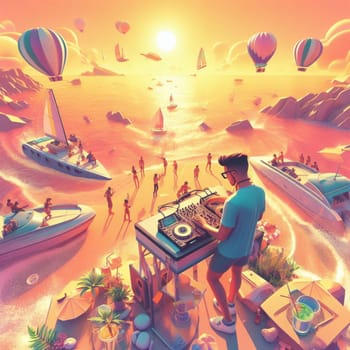 young deejay, wear glasses earphone hosting dj set at crowded beach party tropical island isometric ai generative ai art