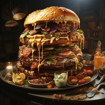 Huge appetizing burger with cheese and meat cutlet on dark background. Fast food concept. AI generated