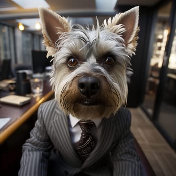 Beautiful elegant dog in business suit with tie in office. Animals like people concept. AI generated