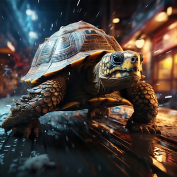 Turtle in iron armor in burning city. Animal protection concept. AI generated