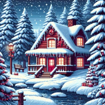 Wooden rural house in the winter forest for christmas,32 bit pixel art.