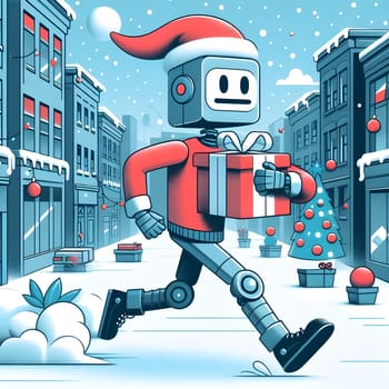 Santa claus robot android running with chrismas gift box in the street.