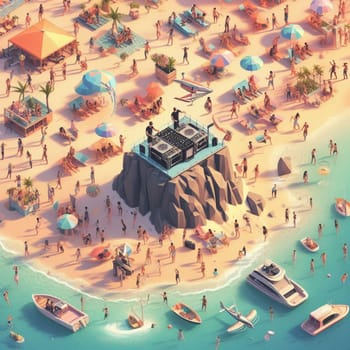 people having fun in the beach, isometric view, sea waves, 3d illustration generative ai art