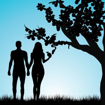 Silhouette of Adam and Eve under the forbidden apple tree and the snake