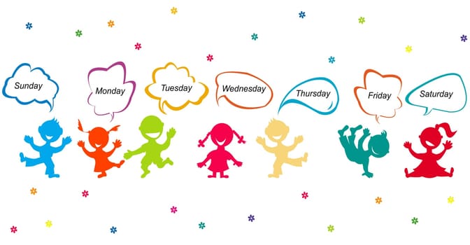 Colorful cartoon kids with days of the week written in chat bubbles