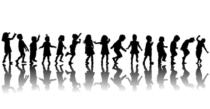 Collection of children silhouettes with shadows, on white background