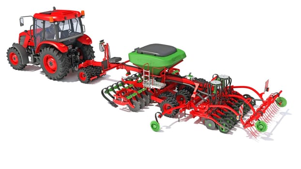 Tractor with Seed Drill farm equipment disc harrow 3D rendering model on white background