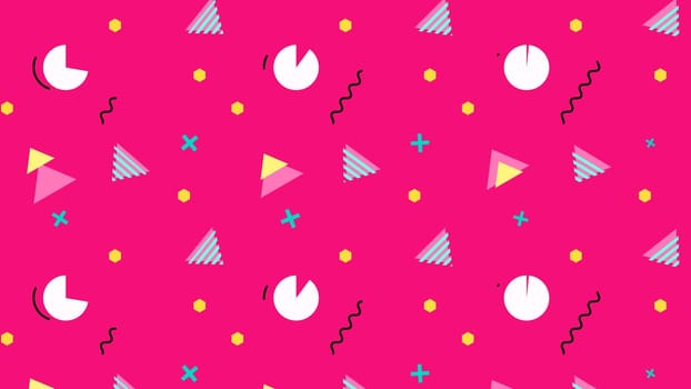 Geometric retro background pop art style with shapes on pink composition. 80s and 90s.