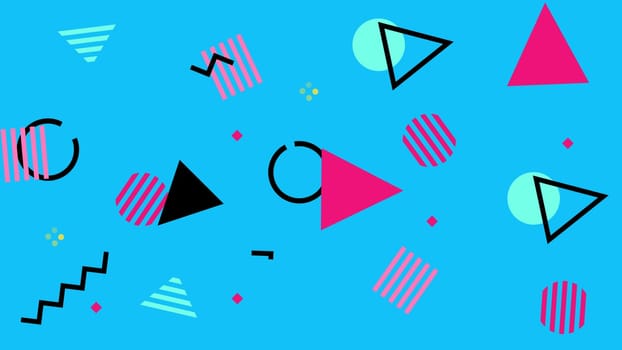 Geometric retro background pop art style with pink black shapes on blue composition. 80s and 90s.