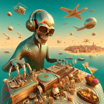 metallic alien dj with human skull, wearing glasses earphone dj of beach party in tropical island generative ai art