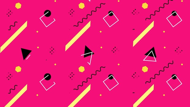 Geometric retro background pop art style with black triangle shapes on pink composition.