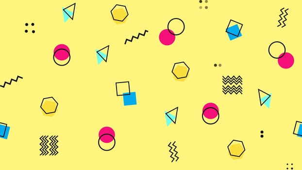 Geometric retro background pop art style with shapes on yellow composition. 80s and 90s.