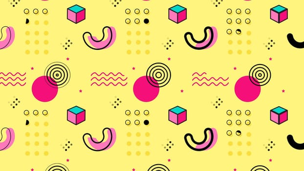 Geometric retro background pop art style with pink circle shapes on yellow composition. 80s and 90s.