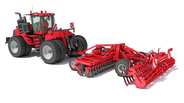 Tractor with Seed Drill farm equipment disc harrow 3D rendering model on white background