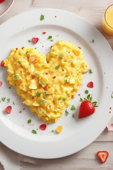 Valentine's Day breakfast - heart-shaped scrambled eggs. Generative AI.