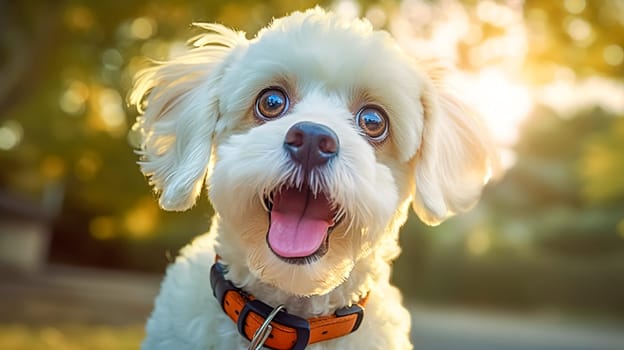 A cheerful white fluffy dog with a beaming smile and bright, shining eyes, exuding happiness and excitement, wearing an orange collar, with a sunlit natural backdrop.