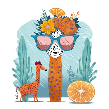Funny poster. Portrait of a Giraffe in a bright coloring glasses.