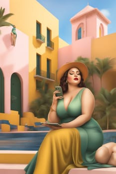 iilustration poster of voluptous female model using smartphone outdoors in a yard in caribbean villa generative ai art