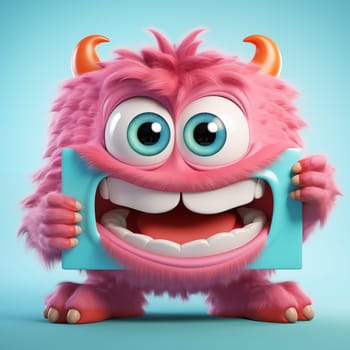 Adorable pink monster with big blue eyes, with a turquoise retractor on his mouth, with perfect white teeth, standing isolated on a blue background. Dental health and pediatric dentistry concept