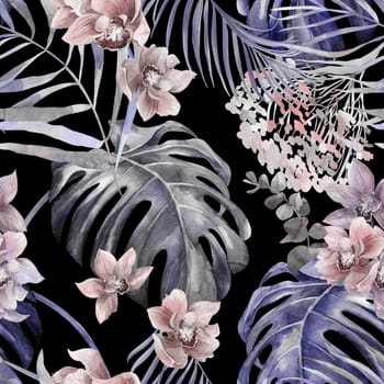 Seamless bright tropical pattern with orchid flowers and monstera leaves. Botanical pattern for textile and surface design