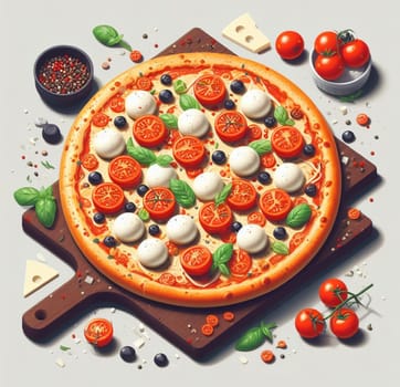 lay flat melted mozzarella cheese tomato and basil pizza ready to eat illustration ai generated