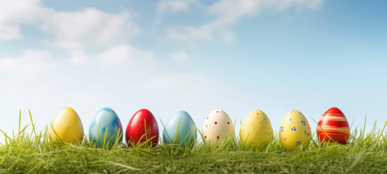Easter banner with colorful painted eggs in row on green grass, copy space.