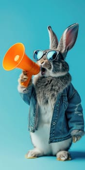 Cool bunny in sunglasses with megaphone on blue background. Easter vertical banner for smartphone