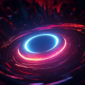 Abstract image of a black hole or portal with swirling red and blue neon lights, depicting space and science fiction concepts.