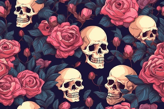 Gothic Floral pattern: Blooming Roses Amidst Dark Skull