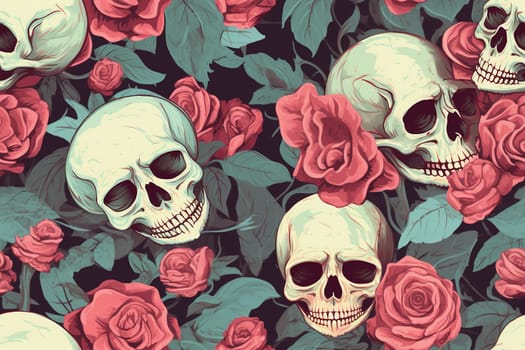 Gothic Floral pattern: Blooming Roses Amidst Dark Skull