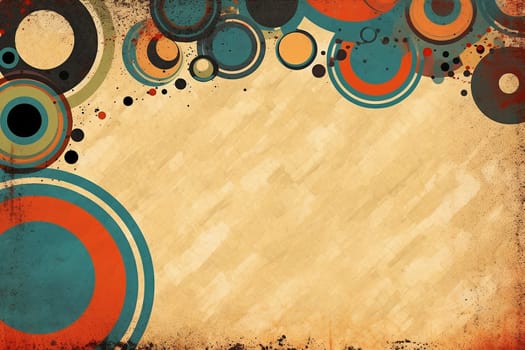 Retro-styled background with colorful circles and grunge texture, suitable for vintage design themes.