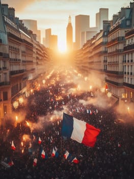 gigantic crowd thousands of people manifesting in Paris France for event celebration or social issues generative ai art