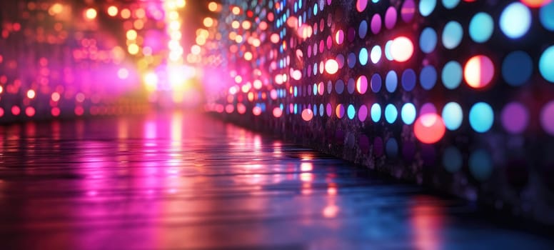 Disco style background with neon blue and purple lights, bokeh. Abstract futuristic background.