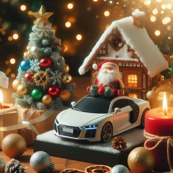 Santa Claus drives the red toy car and delivers presents and christmas tree at snow background with snow drifts and snow-covered forest. Christmas or new year background. Holidays card. Copy space.