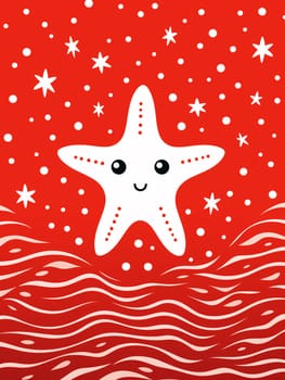A cute white and red cartoon starfish on vibrant background - Generative AI