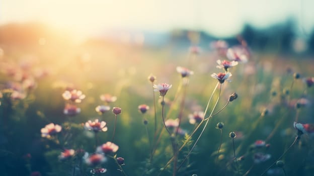 wildflowers on a meadow - Shallow depth of field. Warm summer evening with a prairie in the sunset light - generative AI