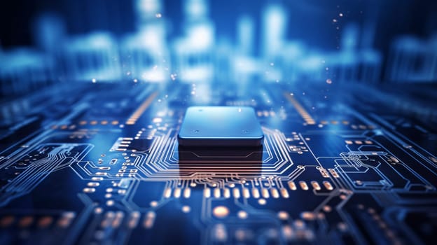The intricate network of circuits and wires within the computer chip hummed with electricity, pulsing with the potential to unlock infinite possibilities in the world of electronics - artificial intelligence and computing related background - Generative AI