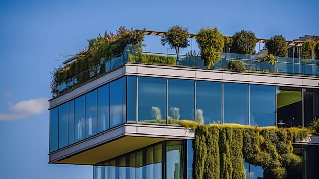 An ecological building with glass windows and plants on the roof - generative AI