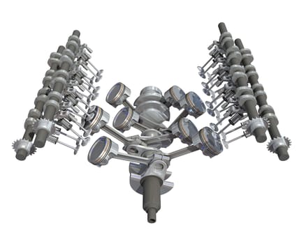 V8 Engine Cylinders 3D rendering model on white background