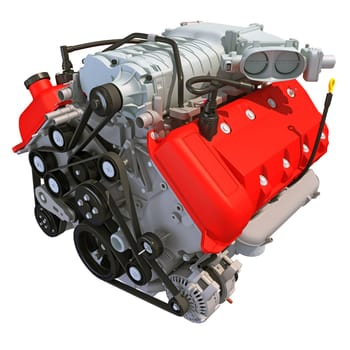 V8 Car Engine 3D rendering model on white background