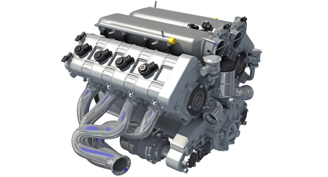 V8 Car Engine 3D rendering model on white background